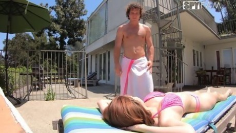 Cute stepsister Aria Sky gets intimate with horny stepbrother by the poolside