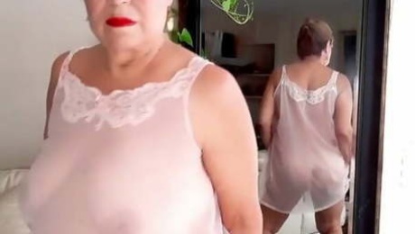 Mature bbw woman with hairy pussy wearing  sheer nightgown