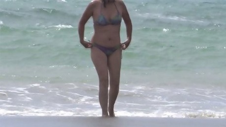 My wife on the beach, hotel guard cums on her hairy pussy