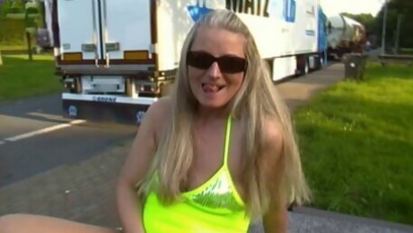 Public squirt show ended in my mass use through 25 trucker tails! After squirt on a restarea, I got liters of cum & pee!