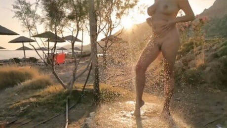 Nude Stepmom showers off my Cum at Public beach after Risky Cumshot