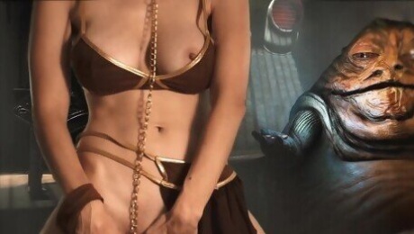 Star Wars Princess Leia dances oiled up for Jabba the Hutt, she sucks and rides his slippery cock