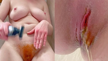 Big Tits Shaving Very Hairy Ginger Pussy | Pee on Cock | Pissing on Boobs