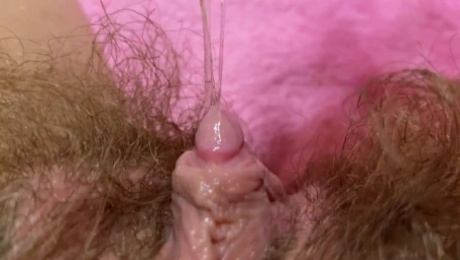 Pulsating clitoris orgasm close up masturbation and grool play with hairy pussy