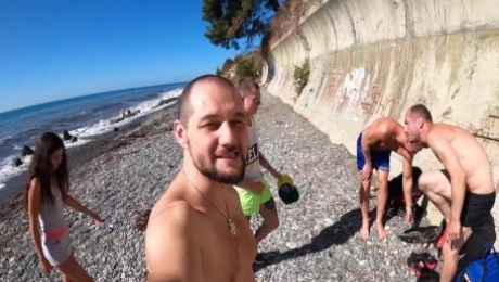 4 cocky guys cum all holes of bitches on the beach